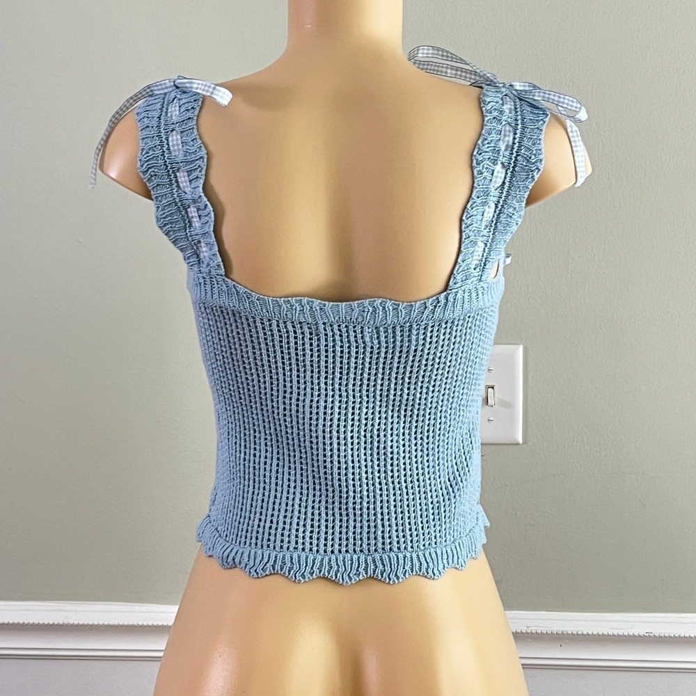 Lush Knit Tank Top Women Sz S Baby Blue Ribbon Bows Cottagecore Cropped - Picture 7 of 11